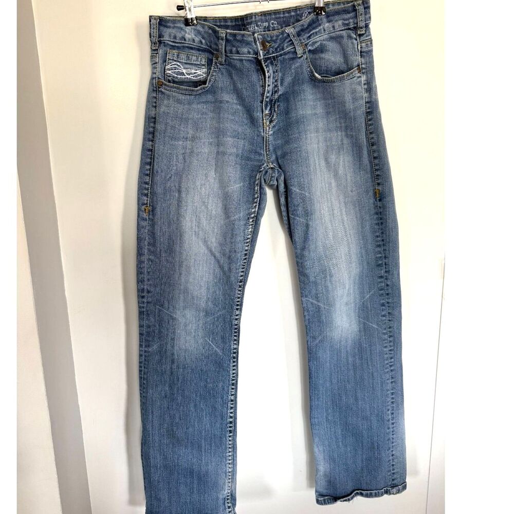 Cowgirl Tuff Co Don't Fence me In Jeans sz 34x33 Boot Cut Frayed bottoms RODEO